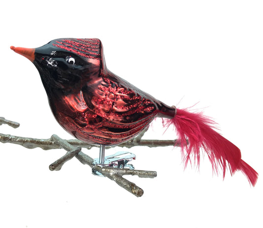 Fat Cardinal Glass Clip-On Ornament with Feathers