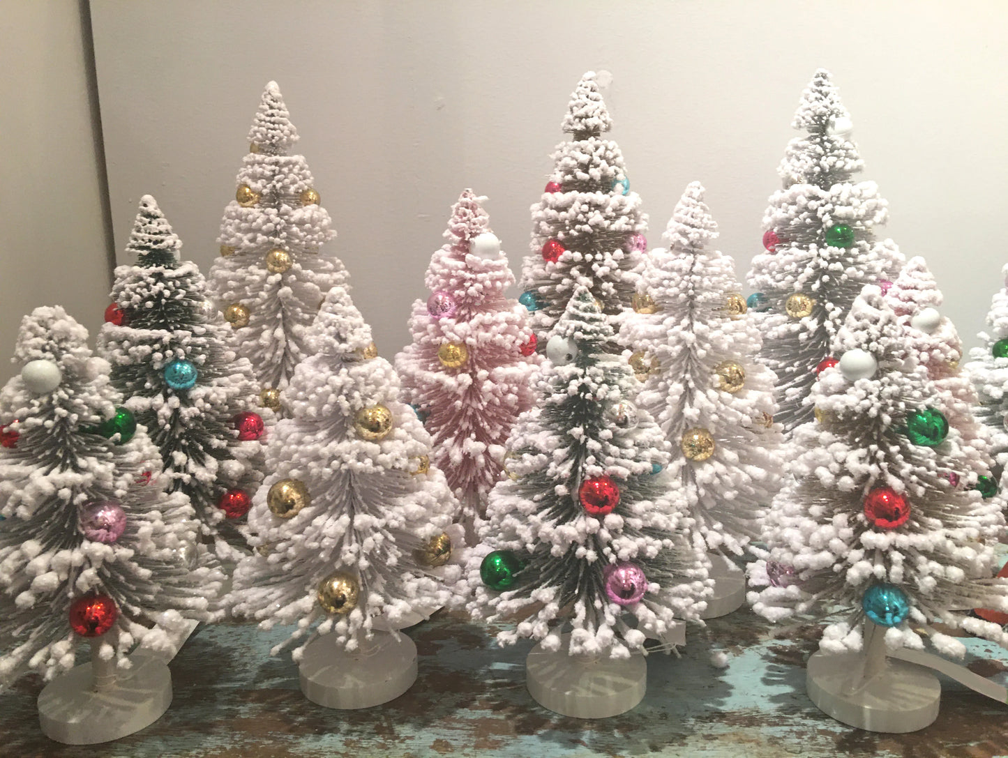 White Flocked Bottle Brush Trees with Silver Balls