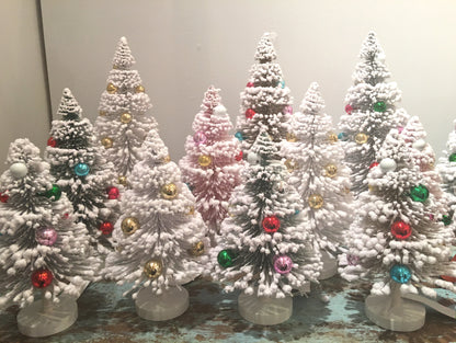 White Flocked Bottle Brush Trees with Silver Balls