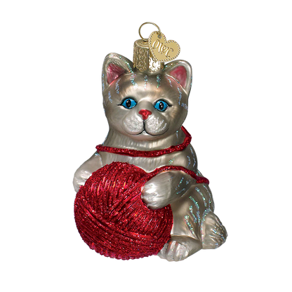 Playful Kitten with Yarn Ball Ornaments