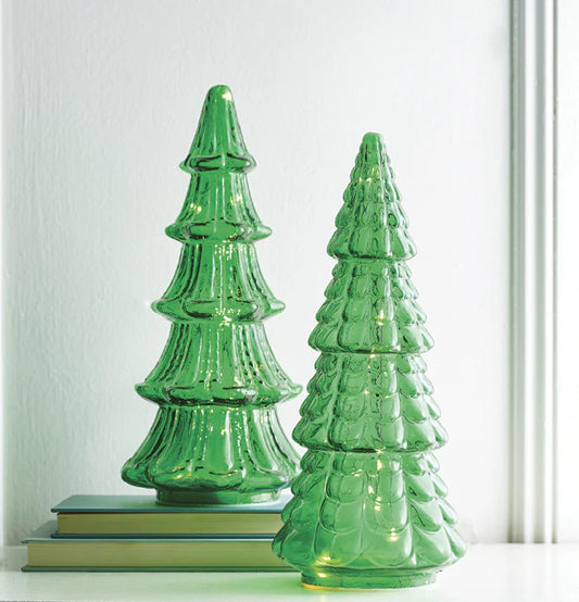 Patterned Green Glass Trees with Lights